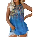 Women's floral print halter top with blue gradient design and sleeveless silhouette - 3XL / Royal Blue