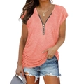 Detail of coral pink V-neck top showing metal zipper, ring pull and ruched side textures - S / Tops / Pink
