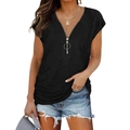 Women's black V-neck short sleeve T-shirt with front zipper, metal ring and side drawstrings - Black