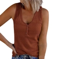 Rust red V-neck sleeveless ribbed tank top with button detail and slim fit style - L / Brick Red