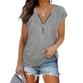 Detailed view of women's gray V-neck T-shirt with front zipper and side ruching detail - S / Tops / Gray