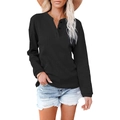 Haut Henley noir à manches longues pour femmes en maille gaufrée avec col V - S / Noir