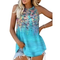 Women summer halter neck tank top with blue green gradient floral print pattern - 3XL / Light Blue