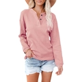 Haut Henley rose en maille gaufre avec col en V et boutons noirs pour femmes - S / Rose