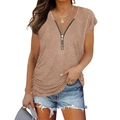 Women's summer V-neck T-shirt with front zipper and ruched details in tan brown - S / Tops / Khaki