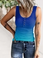 Detail of blue gradient ribbed knit tank top with wooden buttons and Henley neck - S / Gradient Blue