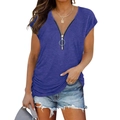 Women's casual short sleeve T-shirt with zipper V-neck and ruched detail in navy blue - Blue