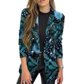 Women's floral print blazer with blue blossoms and gold buttons on black background - S / Sky Blue