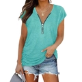 Detail of lake blue V-neck T-shirt showing metal ring zipper and ruched side textures - Light Green