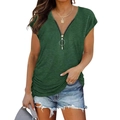 Detail of V-neck dark green T-shirt featuring a metal zipper and slub knit texture - Dark Green