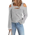 Graues schulterfreies Langarm-Strickoberteil mit modischem Cut-Out am Ausschnitt - S / Grau