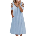Women's light blue V-neck dress with zipper, cold shoulder cutouts and side pockets - S / Light Blue