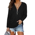 Damen-Freizeit-Langarmshirt in Schwarz mit Front-Reißverschluss und gerafftem V-Ausschnitt - S / Schwarz