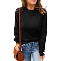 Maglia nera da donna a maniche lunghe con dettagli in pizzo e trama a nido d'ape elegante - S / Nero