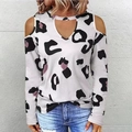 Women's cold shoulder leopard print long sleeve T-shirt with cutout V-neckline top - S / White