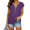 Detail of purple V-neck short sleeve T-shirt featuring a zipper and ruched sides - S / Tops / Purple