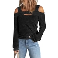 Schwarzes schulterfreies Langarmshirt für Damen mit Ausschnitt und Rippenstrick-Struktur - S / Schwarz
