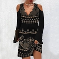 Ethno-Kleid mit schulterfreiem Design, V-Ausschnitt und langen Ärmeln in Schwarz-Gold - S / Druck B / Schwarz