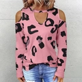 Pink leopard print long sleeve cold shoulder top with hollow-out neck for women - S / Pink