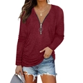 Damen Slim Fit Langarmshirt in Burgunderrot mit V-Ausschnitt und Ring-Reißverschluss - S / Burgunderrot