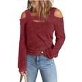 Dunkelrotes Langarmshirt mit Cold-Shoulder-Design und Brust-Ausschnitt für Damen - S / Rot