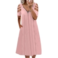 Roze jurk met korte mouwen, V-hals met rits en stijlvolle open schouder details - S / Roze
