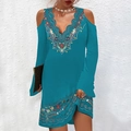 Böhmisches pfauenblaues Kleid mit V-Ausschnitt, freien Schultern und Ethno-Blumenmuster - S / Druck A / Seeblau
