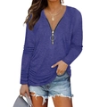 T-shirt violet à manches longues pour femmes avec col en V, zip et détails froncés - S / Bleu