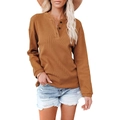 Women's long sleeve waffle knit Henley shirt in caramel brown with V-neck and buttons - S / Brown