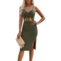 Dunkelgrünes Midikleid mit Ausschnitten, Schleifendetail und Seitenschlitz für den Sommer - S / Armeegrün