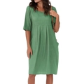 Detailed view of casual green linen dress featuring pleated texture and side pockets - S / Green
