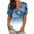 Damen Kurzarm-T-Shirt mit V-Ausschnitt, blauem Blumendruck und Farbverlauf - S / Blau
