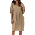 Khaki cotton linen loose dress with round neck and pleated pocket details for summer - S / Khaki