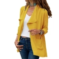 Veste cardigan longue femme jaune moutarde en lin avec grands revers et poches - Jaune