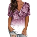Damen V-Ausschnitt Sommer T-Shirt mit lila Blumenmuster und weißem Farbverlauf - S / Rot