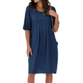 Navy blue cotton linen summer dress with round neck, loose fit, and functional pockets - S / Blue