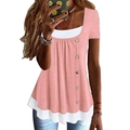 T-shirt rosa a maniche corte con bordo bianco e bottoni in legno da donna estiva - S / Rosa