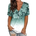 Damen V-Ausschnitt T-Shirt mit Blumenmuster und grünem Farbverlauf für den Sommer - Grün / S