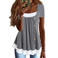 Top estivo da donna a maniche corte con design a finti due strati e bottoni in legno - S / Grigio