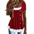 T-shirt donna bordeaux a strati con maniche corte, girocollo e bottoni decorativi - S / Borgogna