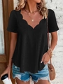 Women's black scalloped V-neck short sleeve top with eyelet embroidery and casual fit - S / Black