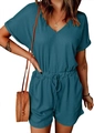 Detail of teal ribbed v-neck romper featuring rolled sleeves and a drawstring waist - Lake Blue