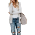 Women's cream white loose knit cardigan with deep V-neck and front pockets - S / White