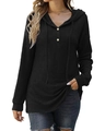 Dames hoodie in zwart wafelbreisel met knoopsluiting bij de hals en trekkoord details - S / Zwart