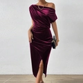 Elegant off-shoulder burgundy velvet midi dress with high side slit for formal occasions - Burgundy