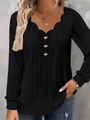 Top de punto para mujer con cuello en V festoneado, manga larga y botones frontales - S / Negro