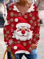 Haut de Noël pour femme à col en V avec imprimés de Père Noël et de flocons de neige - S / Rouge