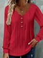 Top rojo de manga larga para mujer con cuello en V festoneado y detalles de botones - S / Rojo