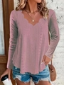 Detail of scalloped V-neckline on dusty pink long sleeve top with eyelet texture - 1XL / Dark Red