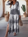 Damen V-Ausschnitt Langarmkleid mit grauem Batikmuster und seitlichem Schlitz-Design - S / Grau